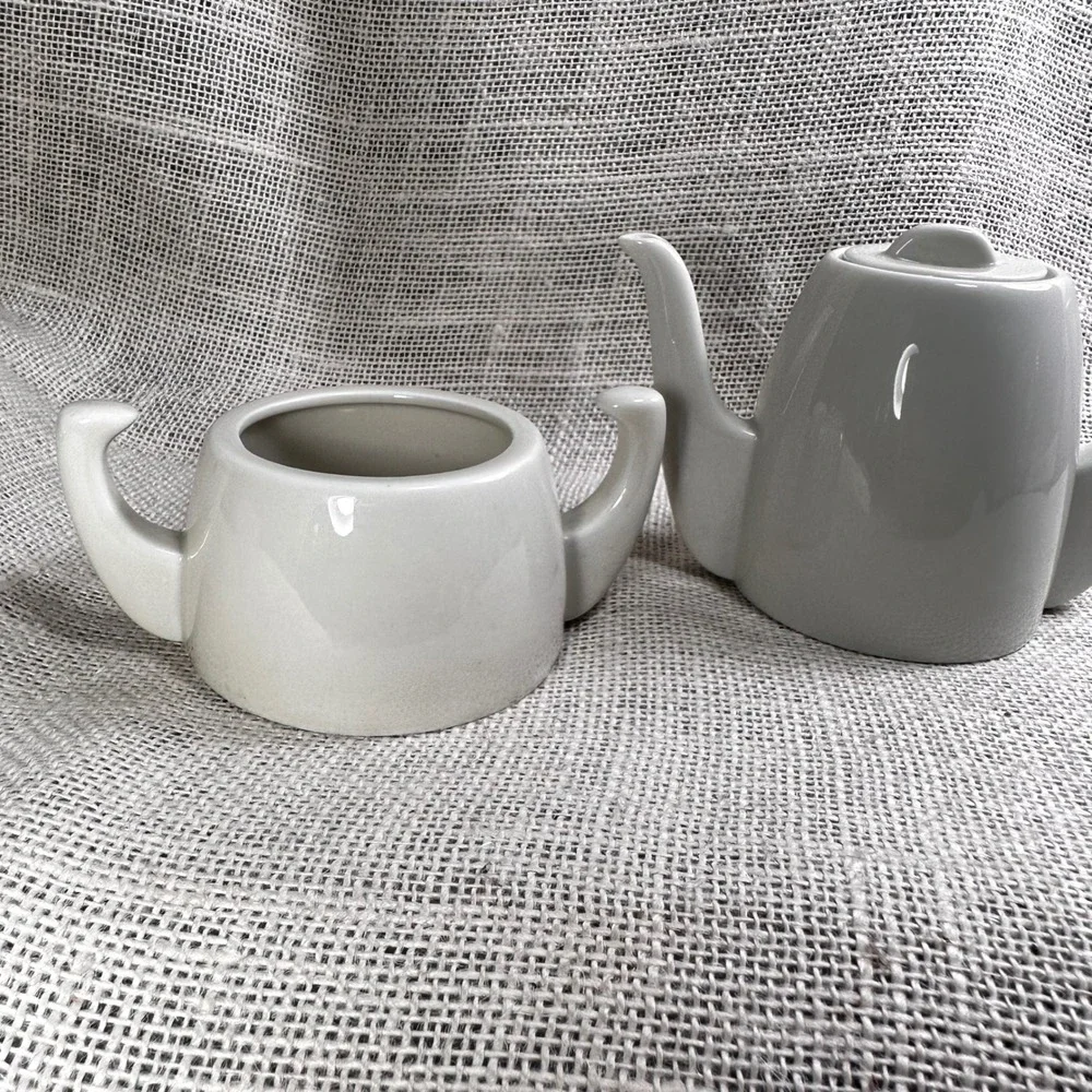 Vintage White Porcelain Teapot Sugar Bowl Set Modern Minimalist Glossy 5451